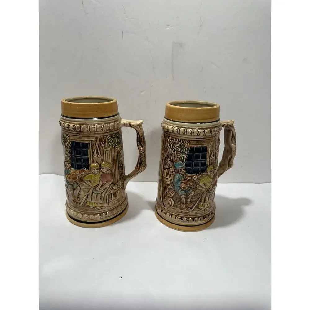 Set‎ 2 Vintage Japanese Ceramic Beer Stein, Man Plays Mandolin 3D Mug Art German